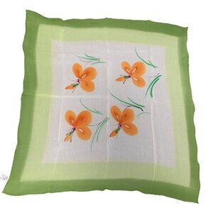 Vintage Floral Silk Scarf Handkerchief with Orange Flowers Green Border